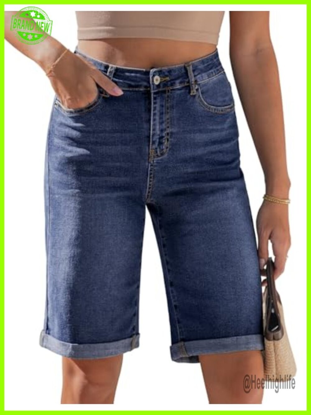 High Waisted Bermuda Jean Shorts Women 12in Inseam Stretchy Denim Jorts